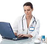 Physician reading EEG study on laptop