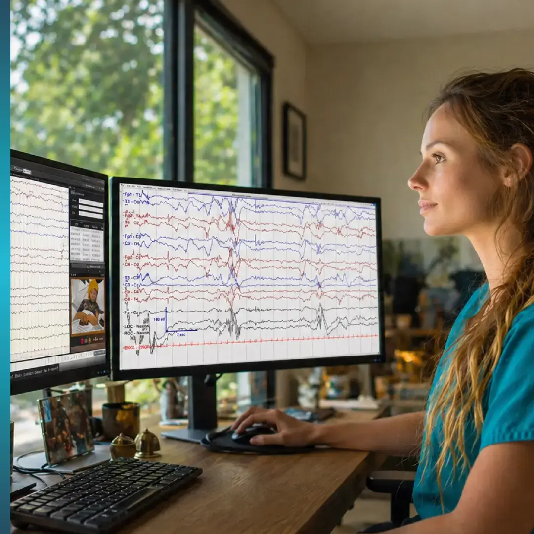 a remote cEEG Technician looking at EEG scans