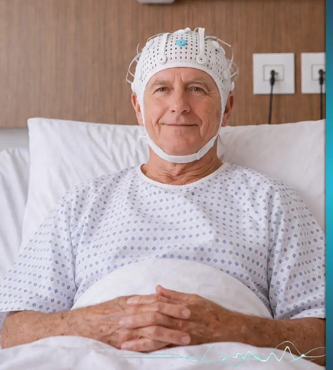 A man with an EEG cap on being continuously monitored by CortiCare EEG technician